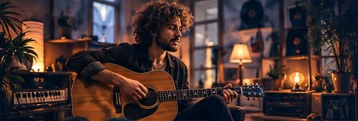 Un musicien compose à la guitare dans son studio